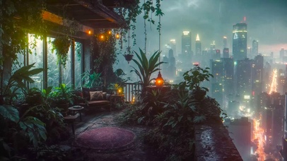 科幻雨夜城市天台