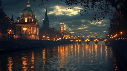 静谧小镇河岸夜景