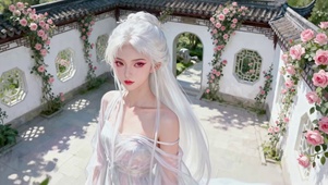 古风庭院白发清纯美少女