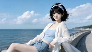 海边清纯短发美少女