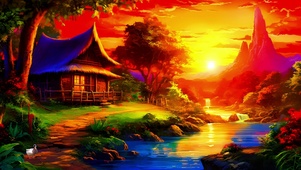 乡村夕阳下的茅草屋
