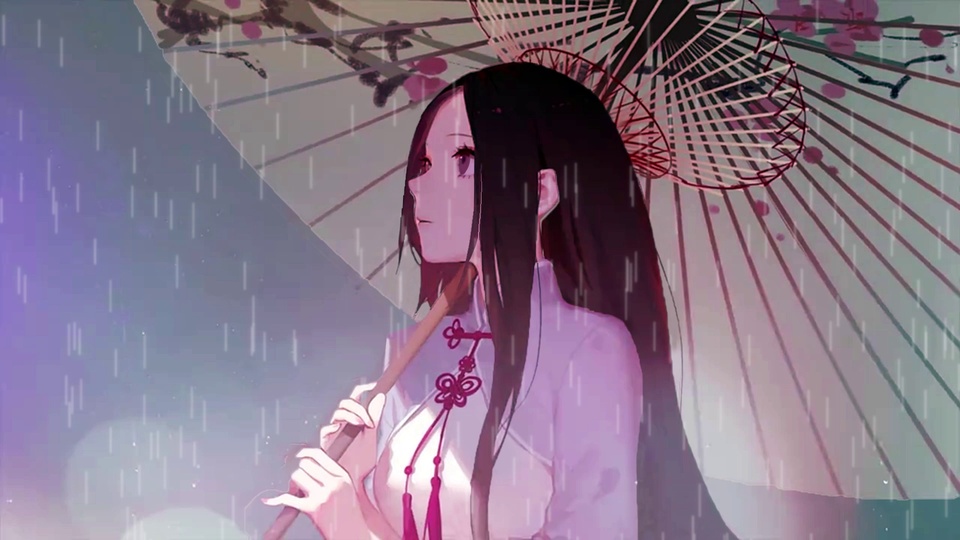 紫调雨景中持梅花油纸伞的黑衣长发二次元女子