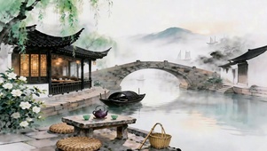 烟雨石桥与乌篷船