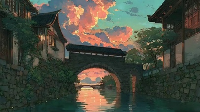  落日晚霞水乡古城建筑