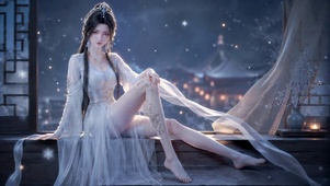 雪夜窗边古风白衣美女