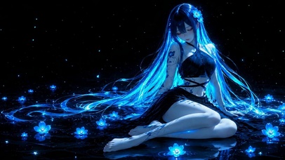 暗夜荧蓝水畔美少女
