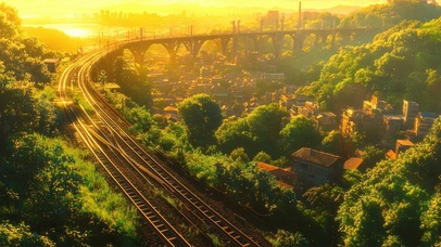 黄昏落日绿色城市铁轨