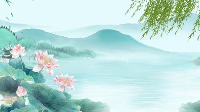 碧水蓝天绿色清新怡人水墨画古风