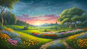唯美插画田园日出