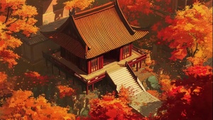 俯瞰秋日绚丽古风亭子