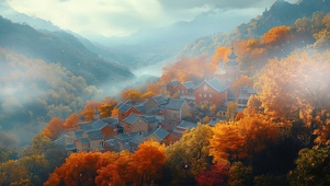远眺秋日静谧山坡小镇