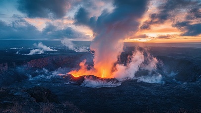 落日烟雾火山岛奇观