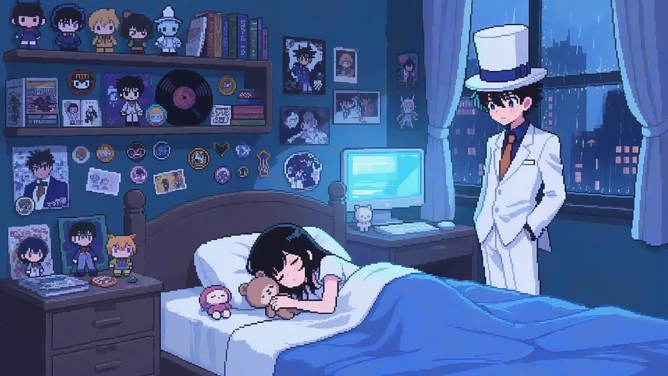 像素风雨夜卧室，黑发少女抱小熊玩偶熟睡，床边站着穿白西装戴白高帽的男士。