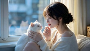 窗边美女与猫咪治愈日常