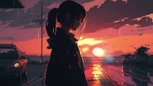 晚霞下的女孩