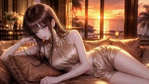 落日海岸慵懒美少女