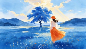 蓝色花海驻足的少女