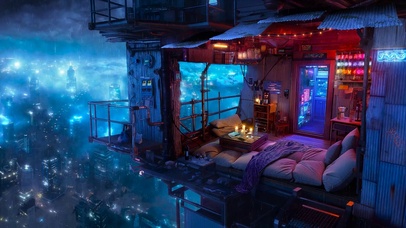 未来雨夜城市小屋