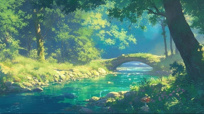 清新绿色森林溪流小桥