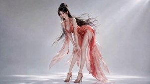 光影下的红裙古风美女