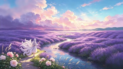 薰衣草花海边的九尾白狐