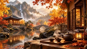 山水瀑布秋天园林