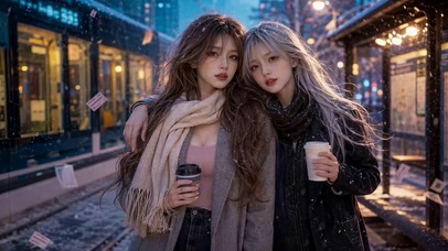 冬日雪天车站氛围感美女闺蜜
