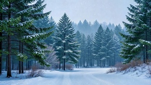冬日飘雪松林小路