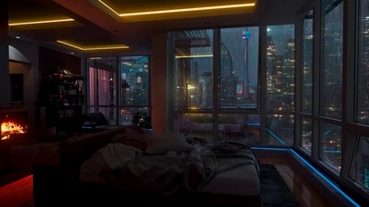 都市夜景雨天公寓房间