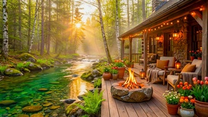 阳光林间溪边木屋