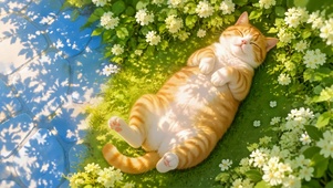 阳光下花丛酣睡的橘猫