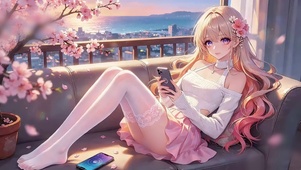 樱花窗晒晨光的少女