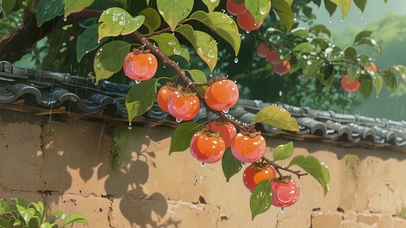 古墙雨中红柿