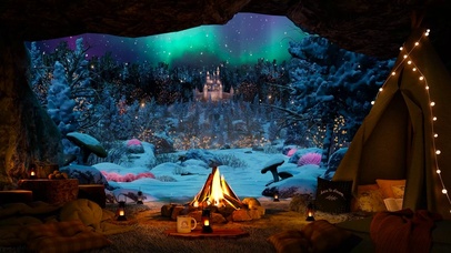 夜晚雪天山洞露营