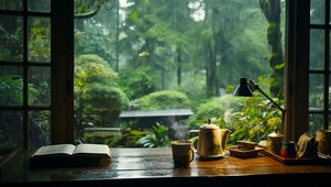 雨天木屋小院品茶