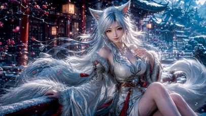 古风银发狐耳雪景美少女