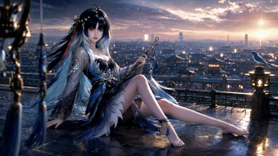 落日天台蓝发古风美少女