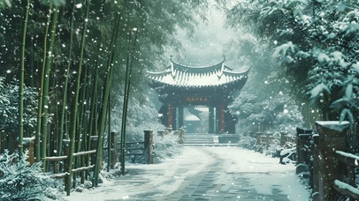 古寺竹林雪景
