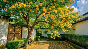 古风庭院黄花治愈美景