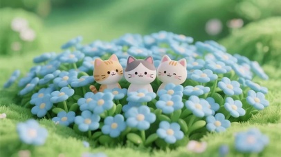 花丛中3只可爱的猫咪