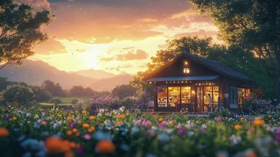 黄昏森林花海温馨小屋