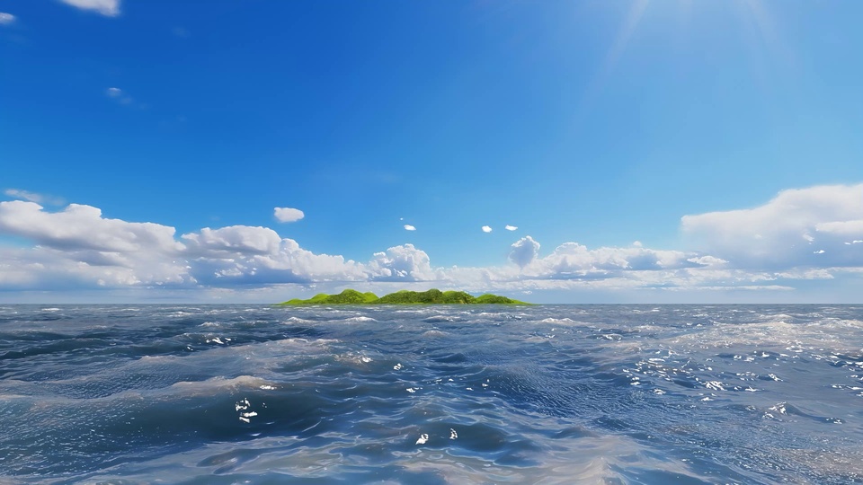写实开阔海景，澄澈蓝天飘着蓬松白云，深蓝色海面平缓延伸，远方横卧覆满绿植的狭长海岛。