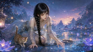 梦幻星空湖畔美少女与橘猫