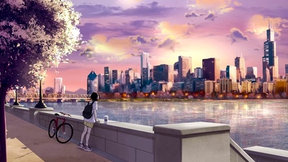 唯美治愈插画城市河畔女孩