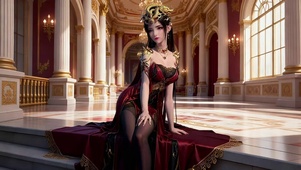 坐在豪华宫殿阶梯前的美杜莎女王