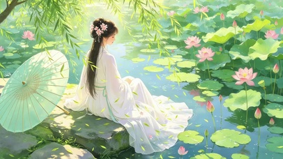 荷花池旁美女