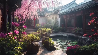 春日清晨阳光朦胧庭院