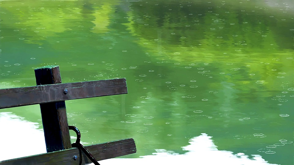 绿色雨中湖面与部分木质栏杆