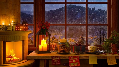 冬日雪天静谧小镇房间