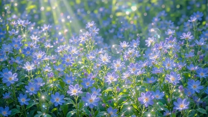 晨露春日光斑里的蓝色花海